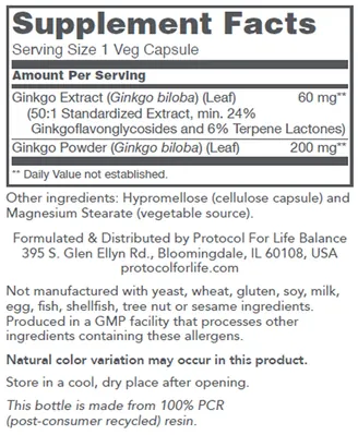 Гінкго Білоба Protocol for Life Balance Ginkgo Biloba 60 мг, 60 веганських капсул