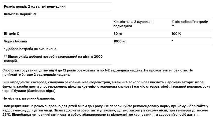 Самбукол (Чорна бузина) для дітей з вітаміном С від 4 до 12 років, 60 жувальних ведмедиків