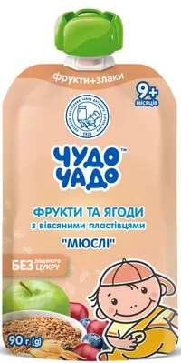 Пюре фруктове Чудо-Чадо Мюслі Фрукти і ягоди з вівсяними пластівцями без цукру з 9 місяців, 90 г
