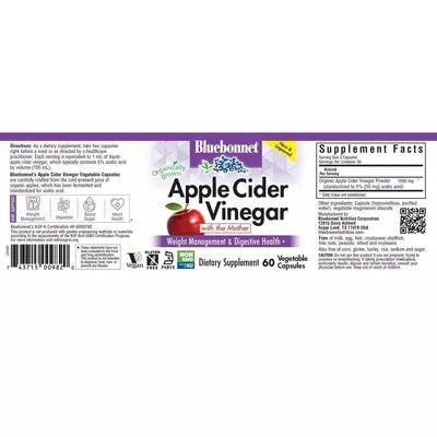 Яблучний оцет Bluebonnet Nutrition Apple cider vinegar, 60 вегетаріанських капсул