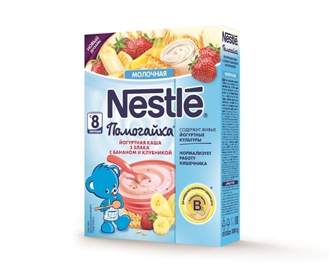 Каша молочна Nestle Помогайка Йогуртна 3 злаки з бананом і полуницею, з 8 місяців, 200 г