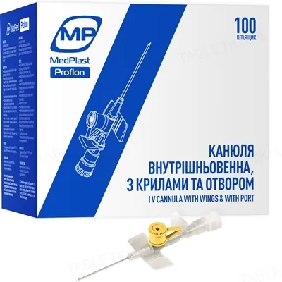 Канюля внутрішньовенна MP MedPlast Proflon з крилами та отвором 24G (0,7 x 19 мм), жовта, 1 штука