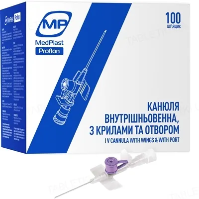 Канюля внутрішньовенна MP MedPlast Proflon з крилами та отвором 26G (0,6 x 19 мм), фіолетова, 1 штука
