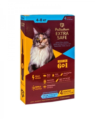 Капли на холку Palladium Extra Safe от блох и гельминтов для котов 4-8 кг спот-он