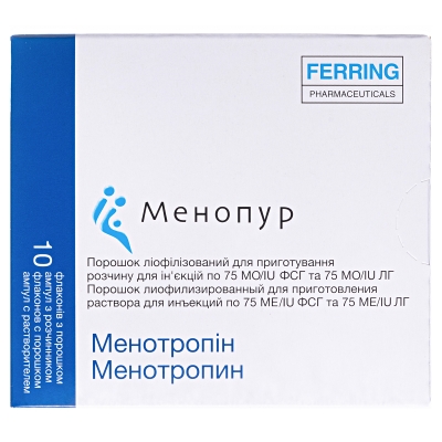 Менопур порошок лиоф. д/приг. р-ра д/ин. по 75 МЕ фсг/75 МЕ лг №10 во флак. с р-лем