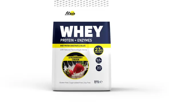 Протеїн сироватковий змішаний FitWin Whey Protein + Enzymes полуничний крем, 900 г