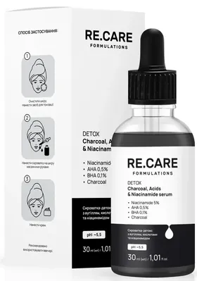 Сироватка-детокс для обличчя Re.Care Detox Charcoal Acids&Niacinamide Serum з вугіллям, кислотами та ніацинамідом, 30 мл