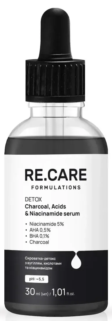 Сироватка-детокс для обличчя Re.Care Detox Charcoal Acids&Niacinamide Serum з вугіллям, кислотами та ніацинамідом, 30 мл