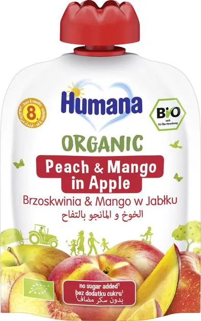 Пюре фруктове Humana Organic для дітей з 8 місяців Яблуко-Персик-Манго, 90 г