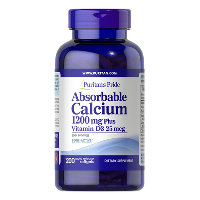 Кальций с витамином Д3 Puritan's Pride Absorbable Calcium 1200 мг Plus Vitamin D3 25 мкг, 200 гелевых капсул