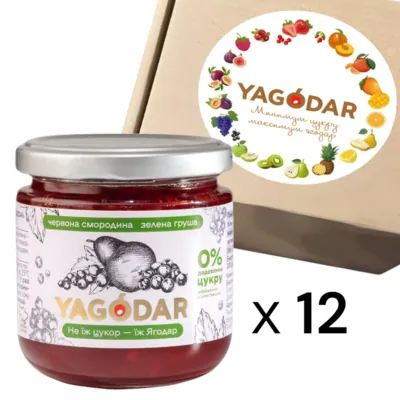 Набір джемів Yagodar червона смородина-зелена груша без цукру, 12 шт х 210 г