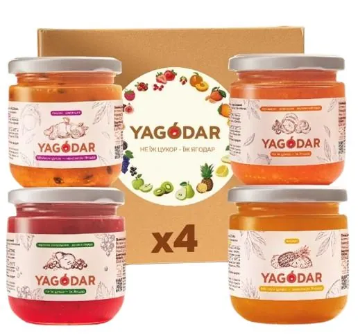 Набір джемів Yagodar червона смородина-груша + персик-маракуйя + мандарин-апельсин + ананас, 4 шт х 210 г