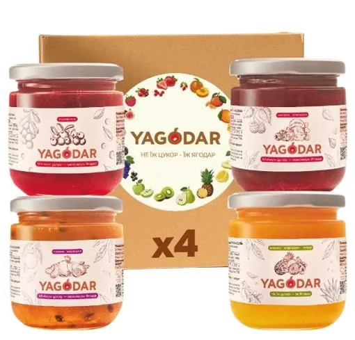 Набір джемів Yagodar журавлина + малина-апельсин + ананас-апельсин + персик-маракуйя, 4 шт х 210 г