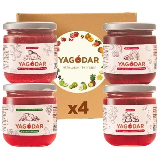 Набір джемів Yagodar малина-апельсин, смородина-груша, кизил-груша, журавлина, 4 шт х 210 г