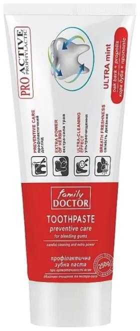 Зубна паста Family Doctor Pro Active Дбайливе очищення та екстра-сила профілактична при кровоточивості ясен, 250 г
