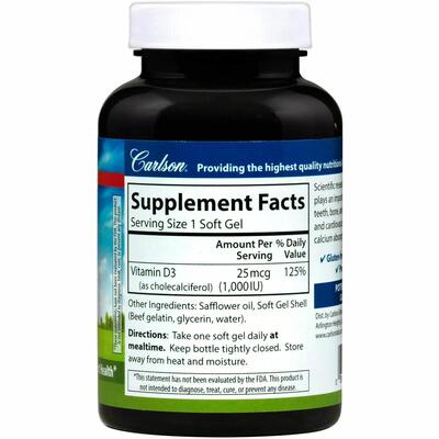 Витамин Д3 Carlson Labs Vitamin D3 1000 МЕ (25 мкг), 250 капсул