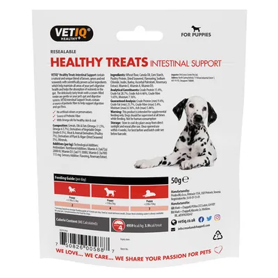 Ласощі для цуценят VetIQ Healthy Treats Intestinal Support для покращення травлення з птицею та водоростями, 50 г