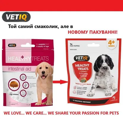 Ласощі для цуценят VetIQ Healthy Treats Intestinal Support для покращення травлення з птицею та водоростями, 50 г