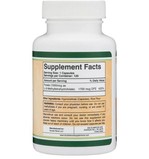 Метилфолат Double Wood Methylfolate 1000 мкг 5-MTHF (1700 DFE), 120 капсул