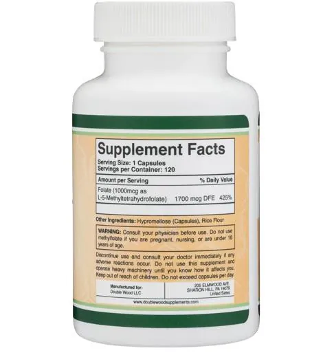 Метилфолат Double Wood Methylfolate 1000 мкг 5-MTHF (1700 DFE), 120 капсул