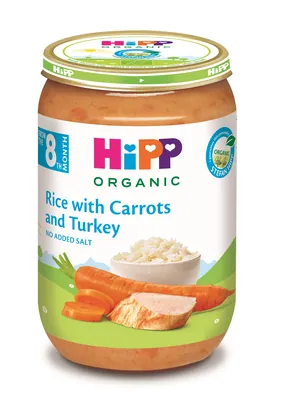 Пюре м’ясо-овочеве HiPP Organic Морквяне пюре та рис з індичкою з 8 місяців, 220 г
