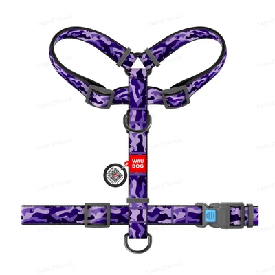 Шлея для собак Collar WAUDOG Nylon Фіолетовий камо анатомічна H-подібна з QR-паспортом, розмір S, пластик