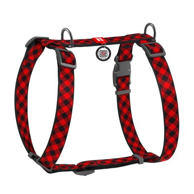 Шлея для собак Collar WAUDOG Nylon Шотландка красная анатомическая H-образная с QR-паспортом, размер М, пластик