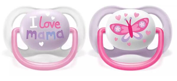 Пустышка силиконовая Philips Avent Ultra Air I love SCF080/02 ортодонтическая, 0-6 месяцев, для девочки, 2 шт