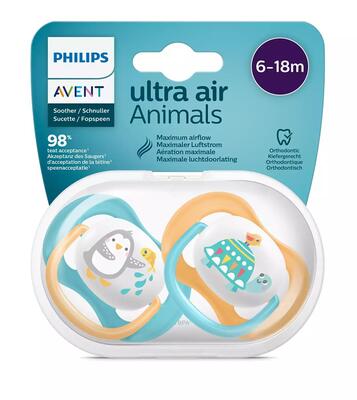Пустышка силиконовая Philips Avent Ultra Air Animal SCF080/07 ортодонтическая, для мальчиков, 6-18 месяцев, 2 шт