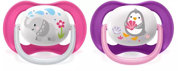 Пустышка силиконовая Philips Avent Ultra Air Animal SCF080/08 ортодонтическая, для девочек, 6-18 месяцев, 2 шт