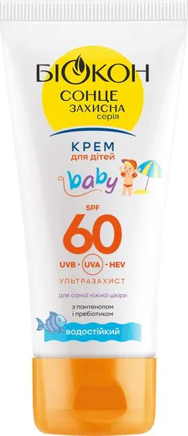 Крем сонцезахисний Біокон SPF60 Baby з пантенолом і пребіотиком водостійкий дитячий, 60 мл