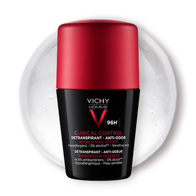 Дезодорант-антиперспирант шариковый Vichy Homme 96h Clinical Control для мужчин против чрезмерного потоотделения и запаха, 50 мл
