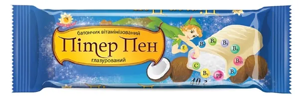 Батончик Пітер Пен кокосовий вітамінізований у білій кондитерській глазурі, 40 г