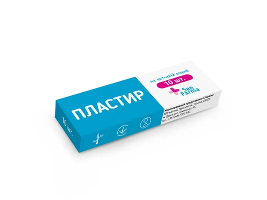 Пластир медичний San Farma бактерицидний на нетканій основі 1,9 см х 7,2 см, 10 штук