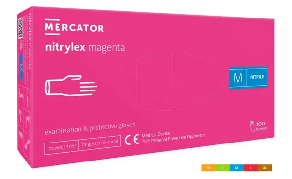 Рукавички оглядові Mercator Nitrylex Magenta нітрилові неопудрені, розмір M, нестерильні, фуксія, 100 штук