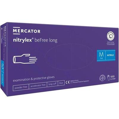 Перчатки смотровые Mercator Medical Nitrylex Befree Long нитриловые неопудренные, размер M, нестерильные, синие, 100 штук