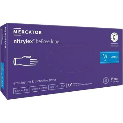 Рукавички оглядові Mercator Nitrylex Befree Long нітрилові неопудрені, розмір M, нестерильні, сині, 100 штук