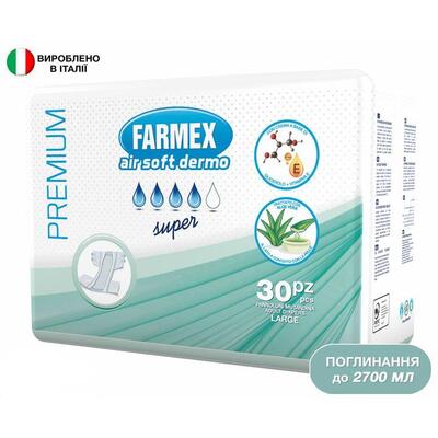 Подгузники для взрослых Farmex Premium Air Soft Dermo Super, размер L, 30 штук