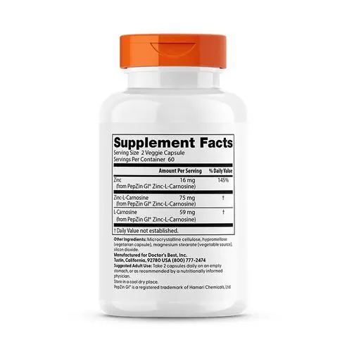 Цинк Карнозін Комплекс Doctor's Best PepZin GI Zinc-L-Carnosine Complex, 120 вегетаріанських капсул