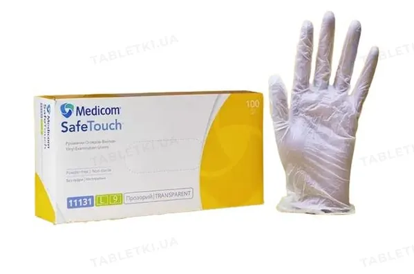 Рукавички оглядові Medicom Safe-Touch вінілові неопудрені прозорі, розмір L, нестерильні, 1 пара
