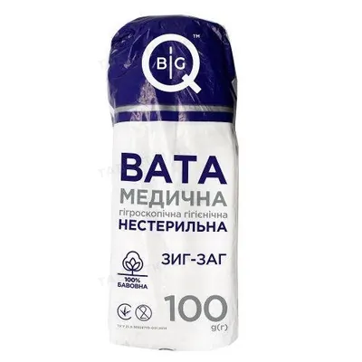 Вата нестерильна BigQ медична гігієнічна, зиг-заг 100 г