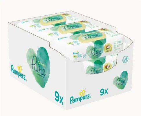 Серветки вологі Pampers Pure Coconut дитячі, 378 шт (9 x 42 шт)