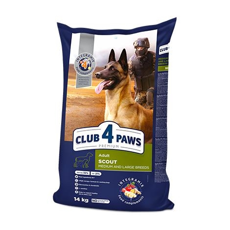 Корм сухой Club 4 Paws Premium SCOUT для взрослых рабочих собак средних и крупных пород с курицей, 14 кг