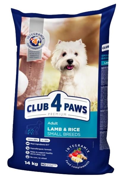 Корм сухой Club 4 Paws Premium для взрослых собак малых пород с ягненком и рисом, 14 кг