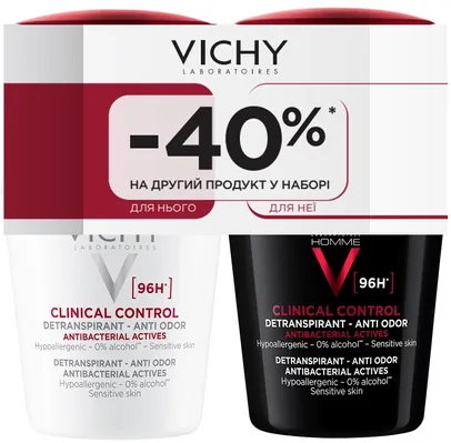 Набір антиперспірантів кулькових Vichy Clinical Control 96 годин захисту, чоловічий та жіночий, 2 шт х 50 мл