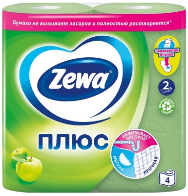 Туалетная бумага Zewa Плюс Яблоко двухслойная, 4 рулона