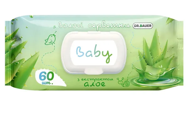Серветки вологі Dr. Bauer baby з екстрактом алое, з клапаном, 60 шт