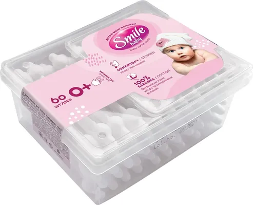 Ватні палички Smile Baby з обмежувачем, 60 шт