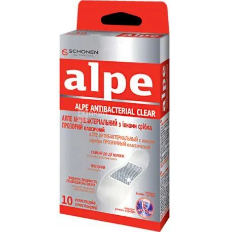 Пластир медичний Alpe Antibacterial Clear антибактеріальний з іонами срібла, прозорий класичний 76 мм х 19 мм, 10 штук
