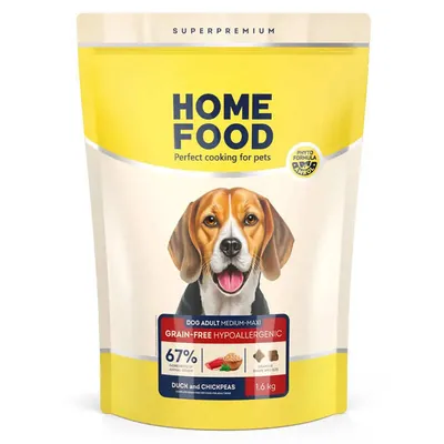 Корм сухий беззерновий гіпоалергенний Home Food для дорослих собак середніх та великих порід, з качкою та нутом, 1,6 кг